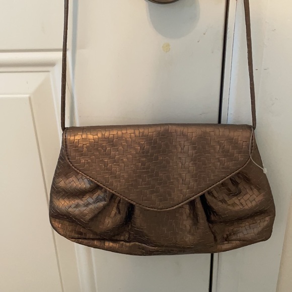 Neiman Marcus bronze/gold vinyl crossbody purse. - Picture 2 of 7